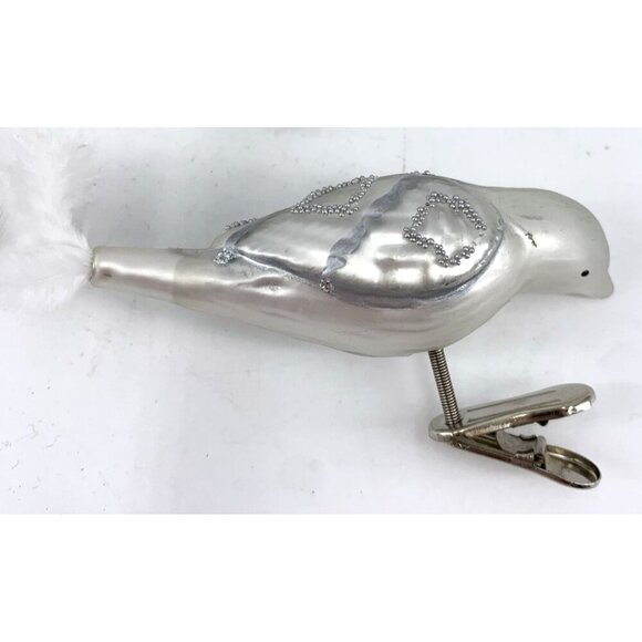 Glass Bird Christmas Ornaments Clip On White Silver Feather Tails Lot of 2 - Picture 6 of 6
